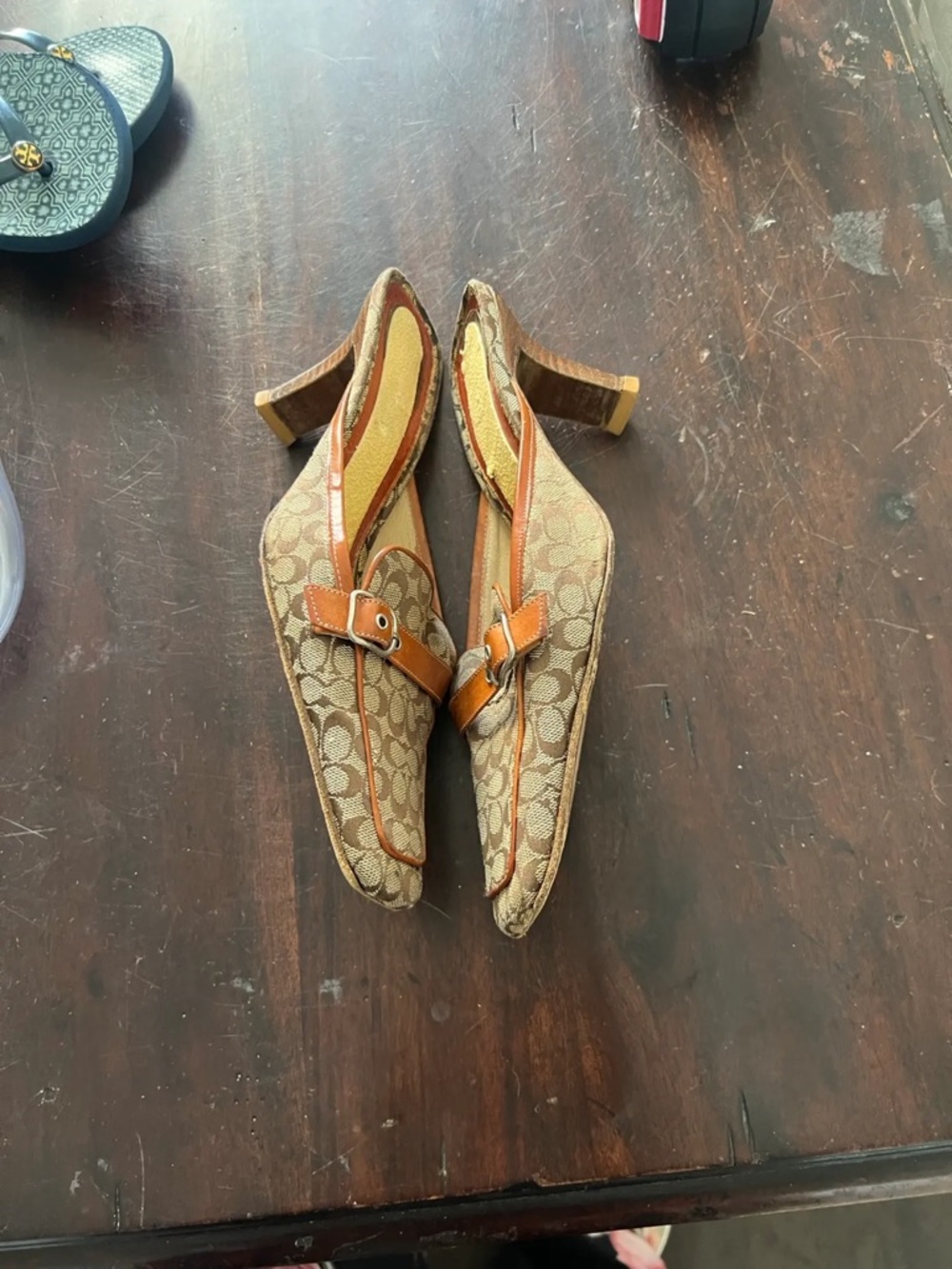 Coach Brown Signature Canvas Slip-On Mules with Tan Trim - Picture 3 of 5